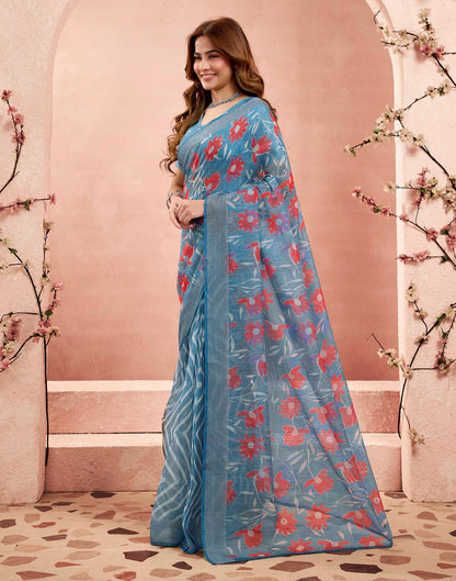 Ready To Wear Sky Blue Linen Printed Saree