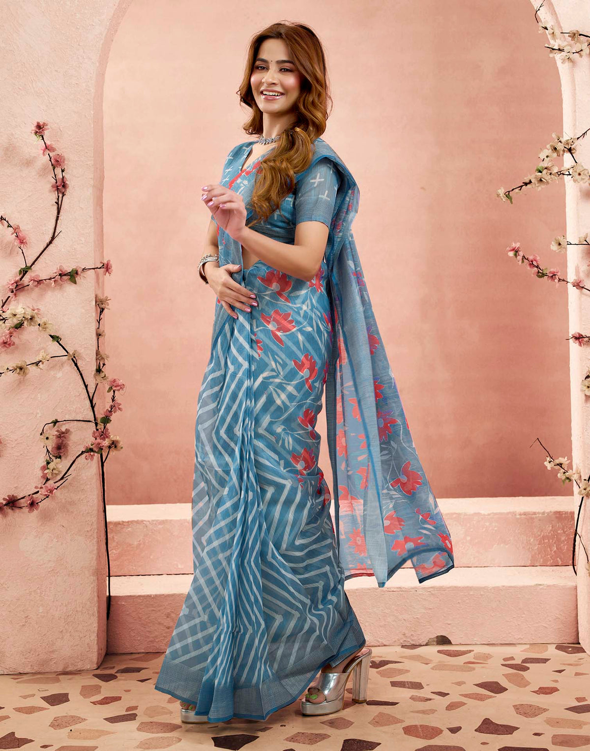Ready To Wear Sky Blue Linen Printed Saree