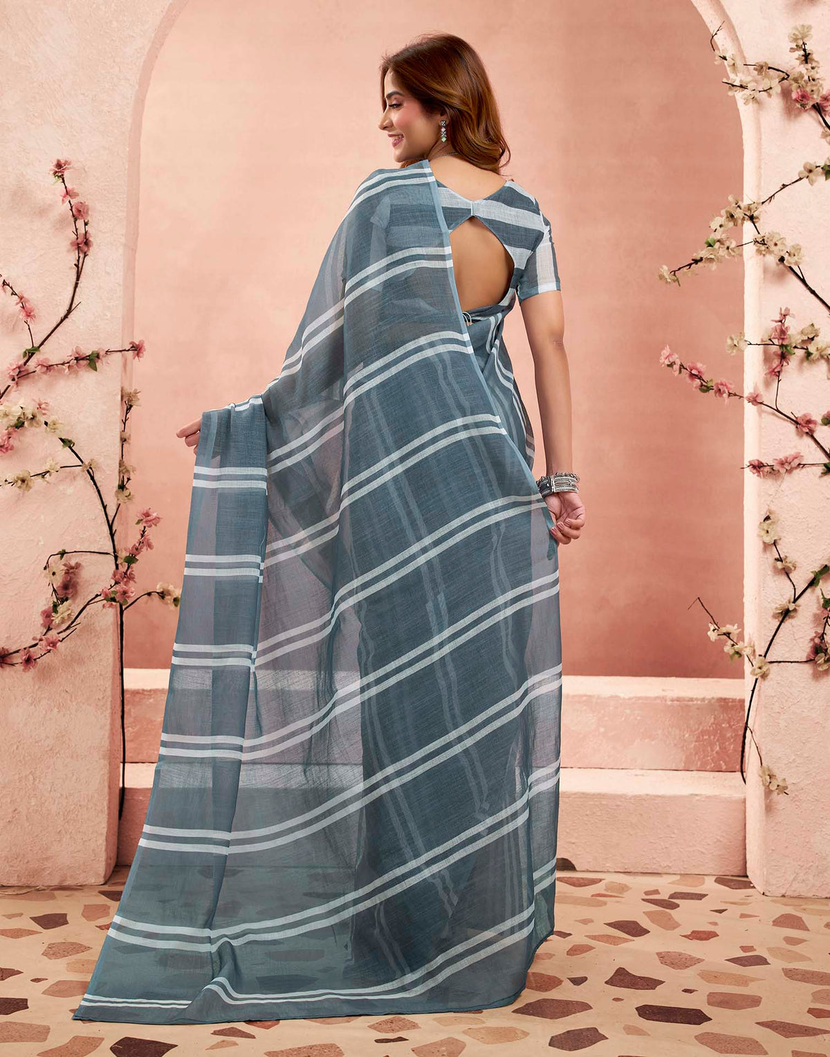 Ready To Wear Grey Linen Printed Saree