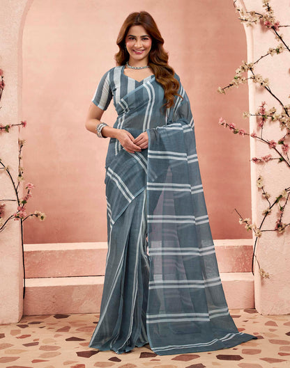 Ready To Wear Grey Linen Printed Saree