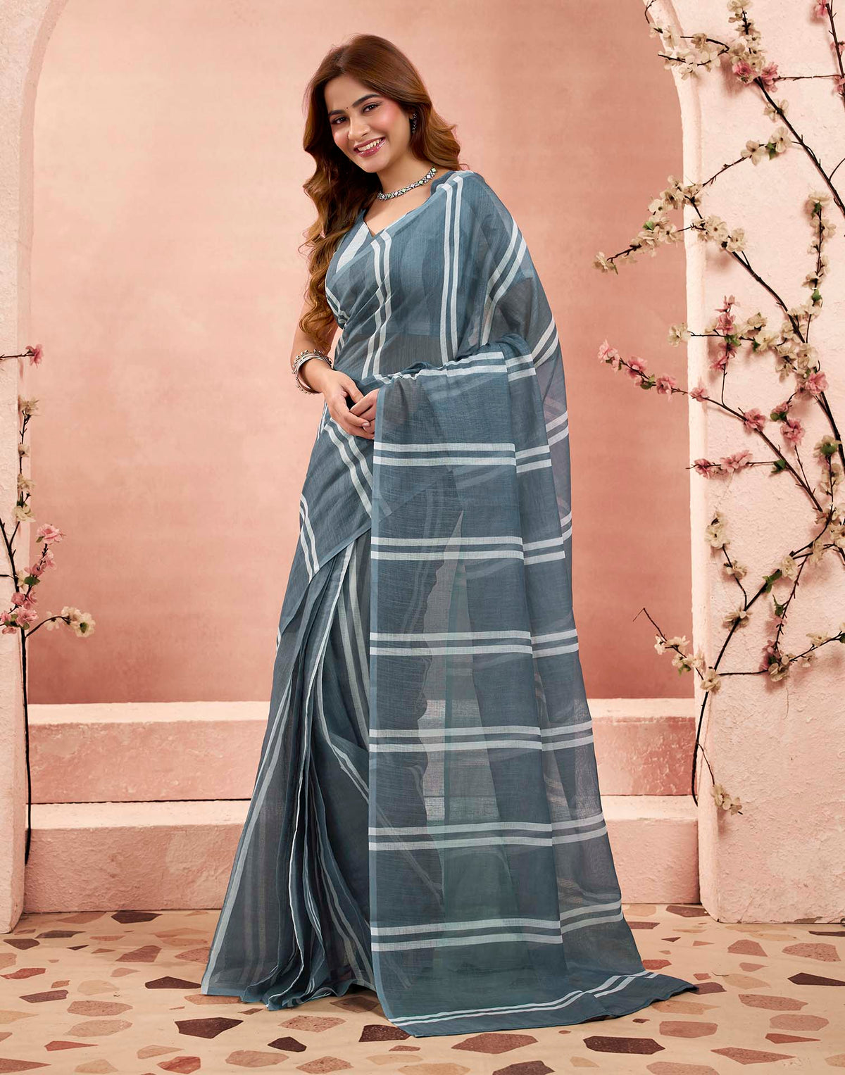 Ready To Wear Grey Linen Printed Saree