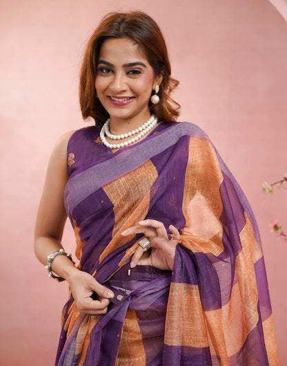 Ready To Wear Purple Linen Printed Saree