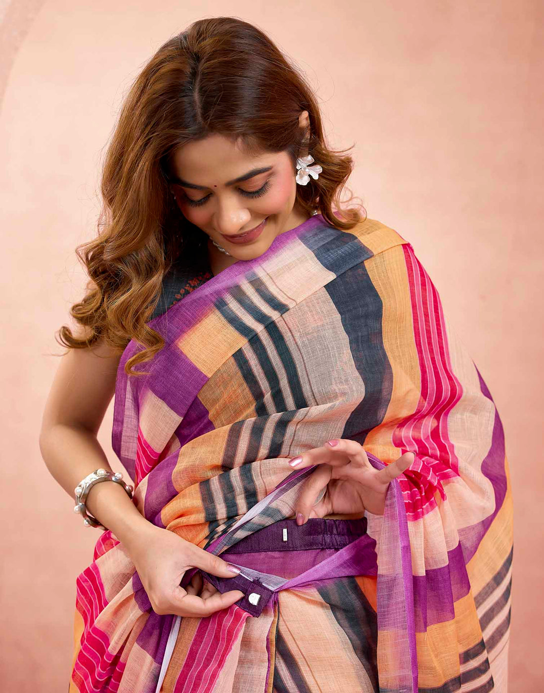 Ready To Wear Multicoloured Linen Striped Printed Saree
