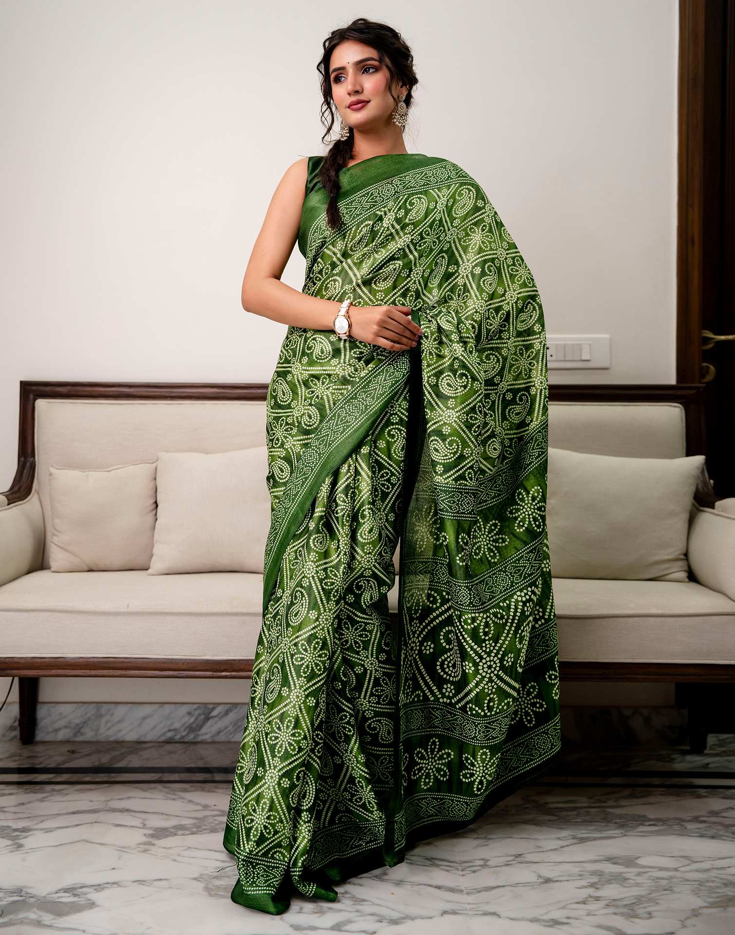Green Khadi Bandhani Printed Saree 