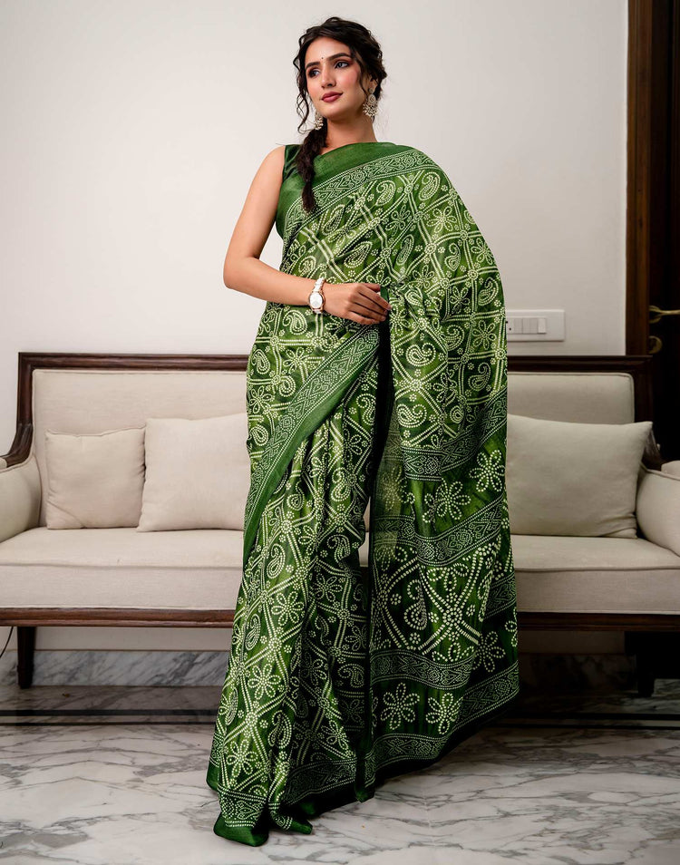 Green Khadi Bandhani Printed Saree 