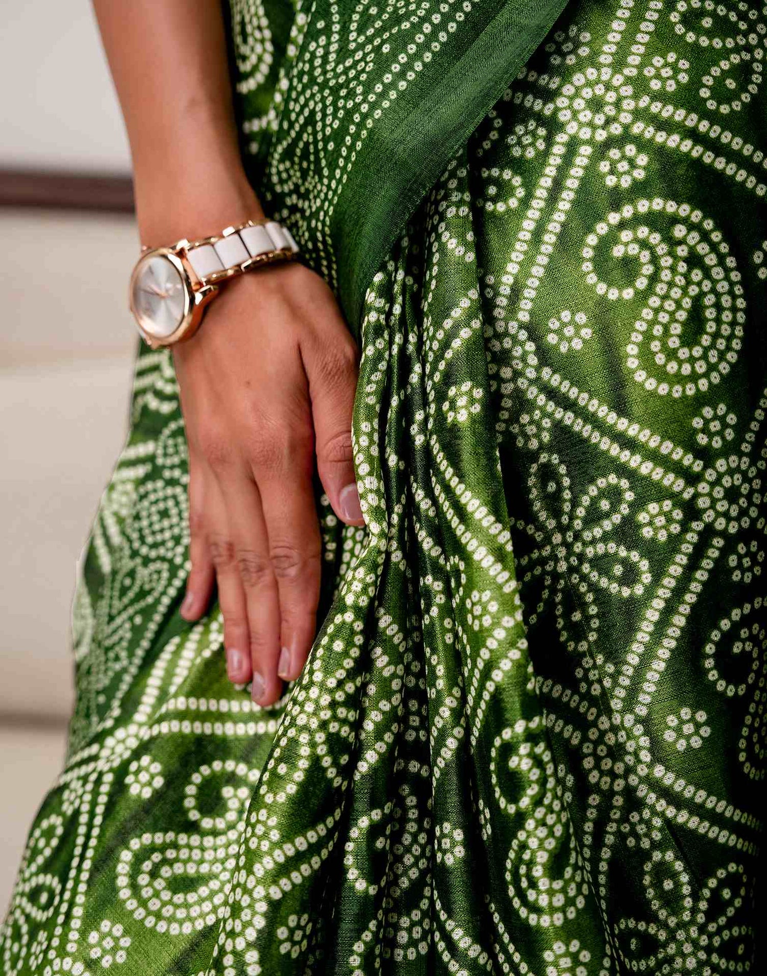 Green Khadi Bandhani Printed Saree 