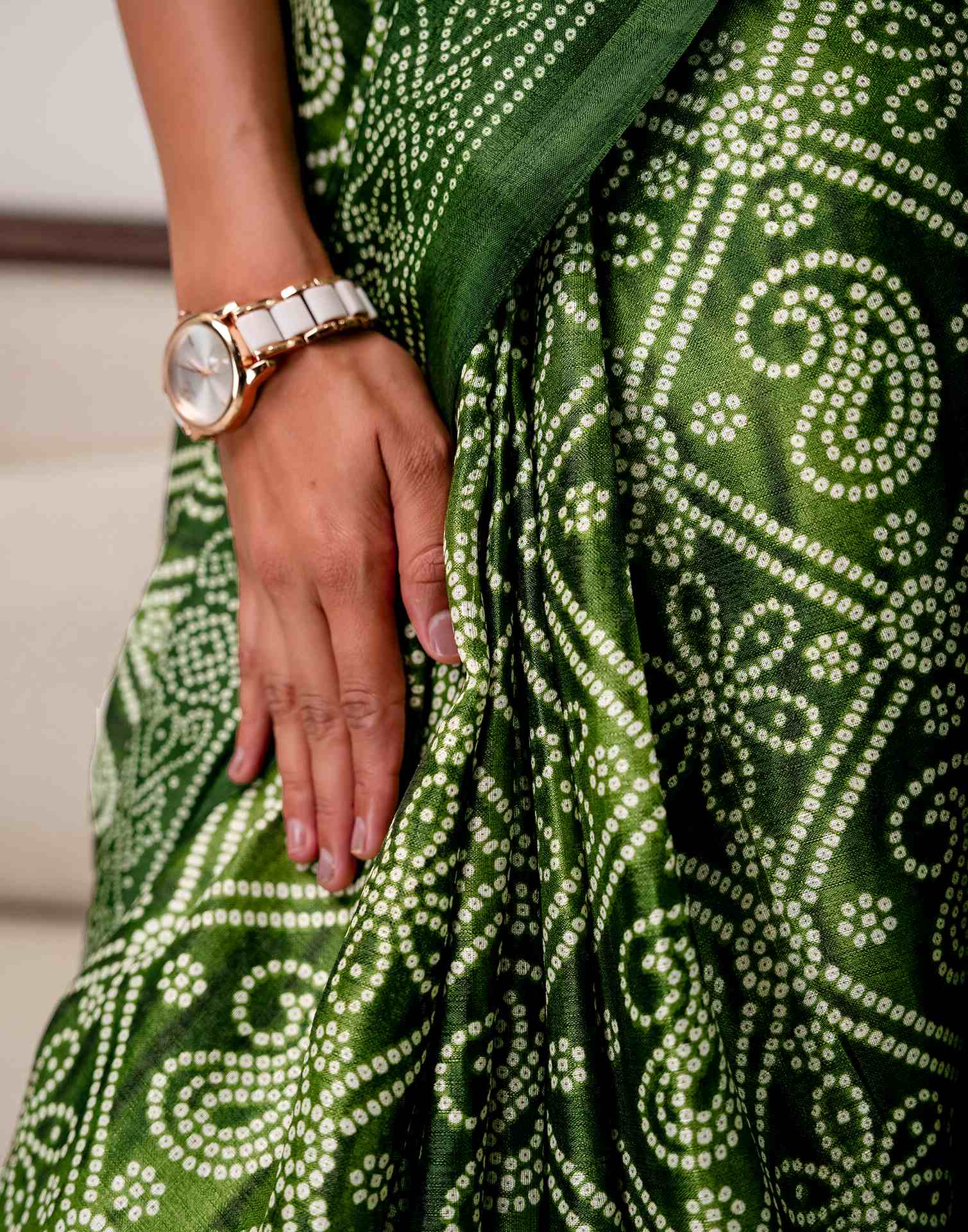 Green Khadi Bandhani Printed Saree 