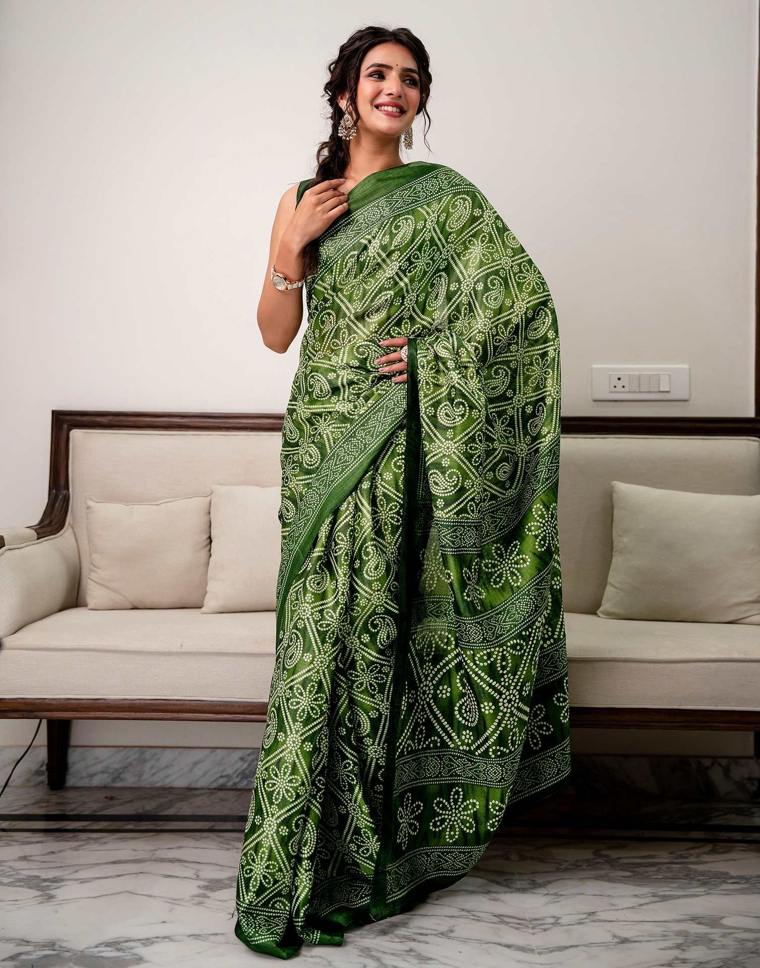 Green Khadi Bandhani Printed Saree 