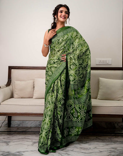 Green Khadi Bandhani Printed Saree 