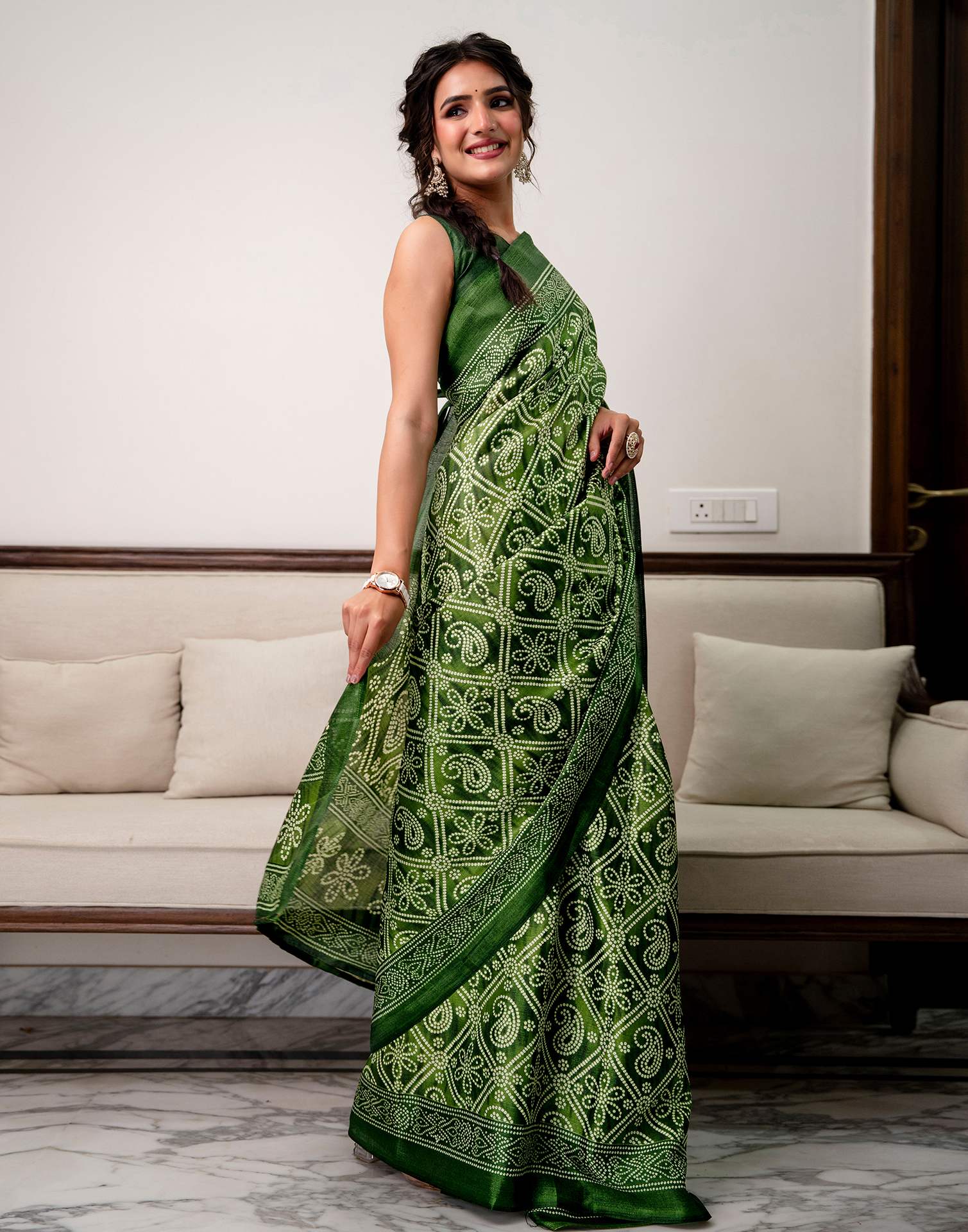 Green Khadi Bandhani Printed Saree 