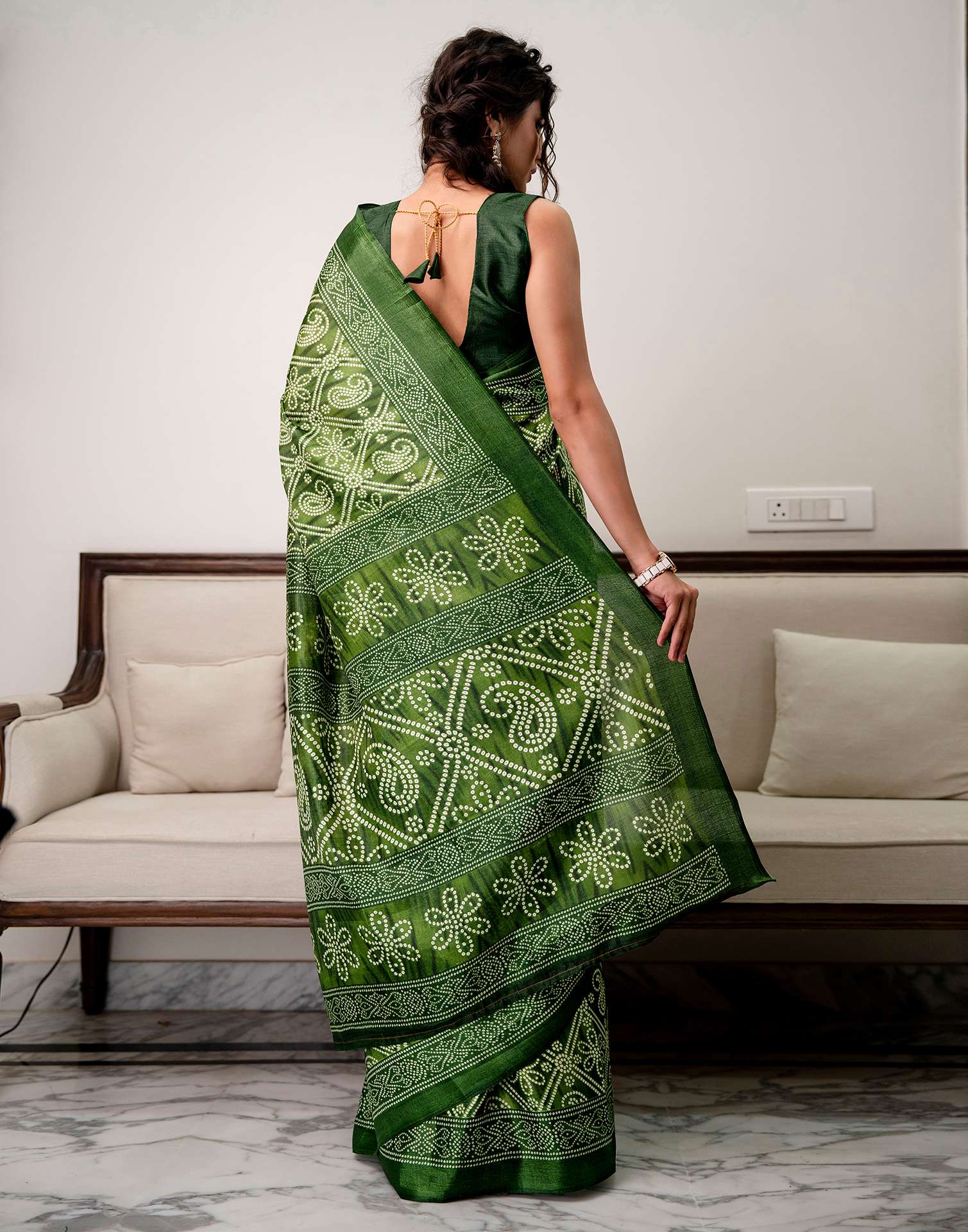 Green Khadi Bandhani Printed Saree 
