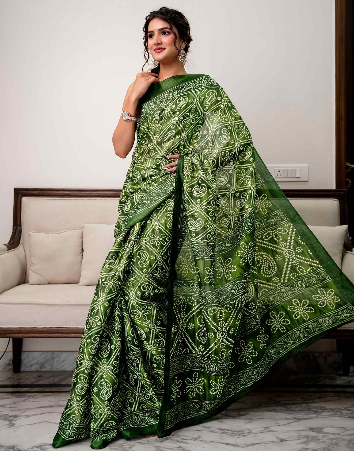Green Khadi Bandhani Printed Saree 