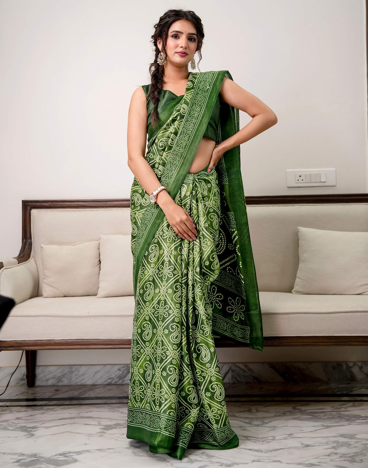 Green Khadi Bandhani Printed Saree 