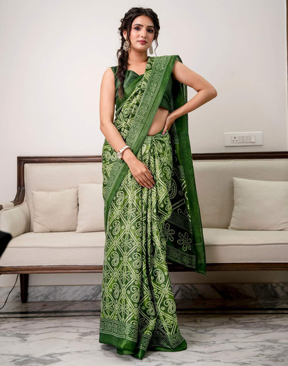 Green Khadi Bandhani Printed Saree 