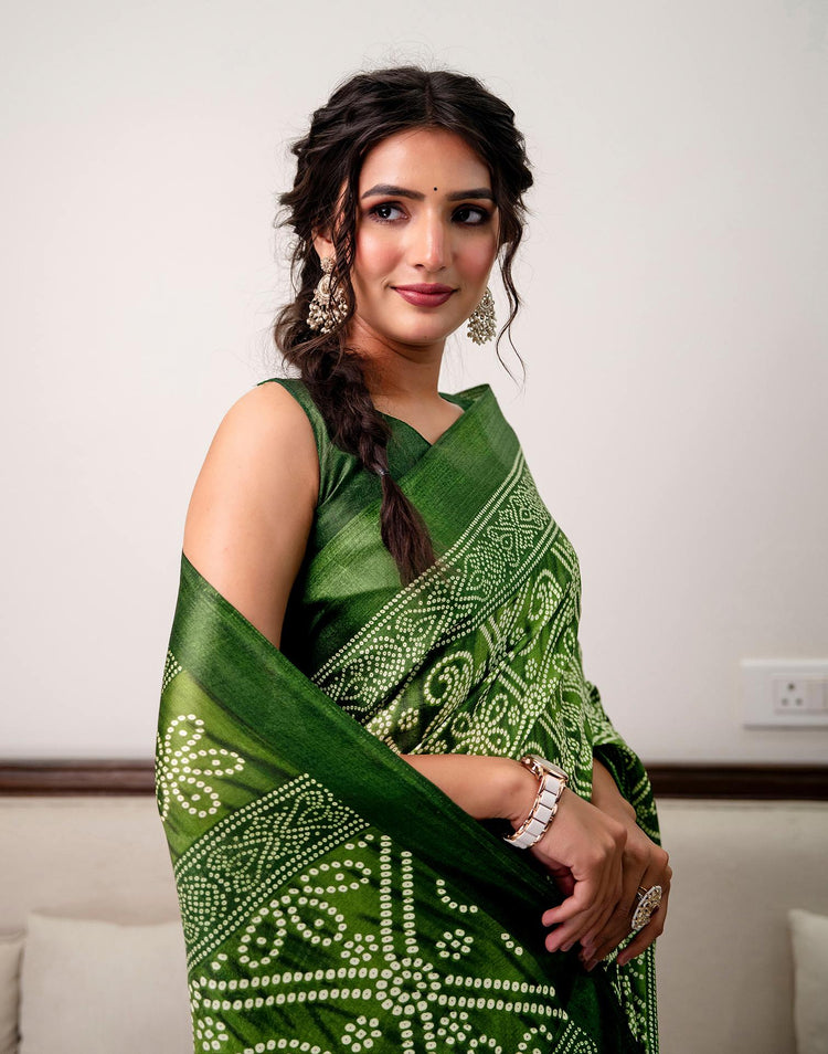 Green Khadi Bandhani Printed Saree 