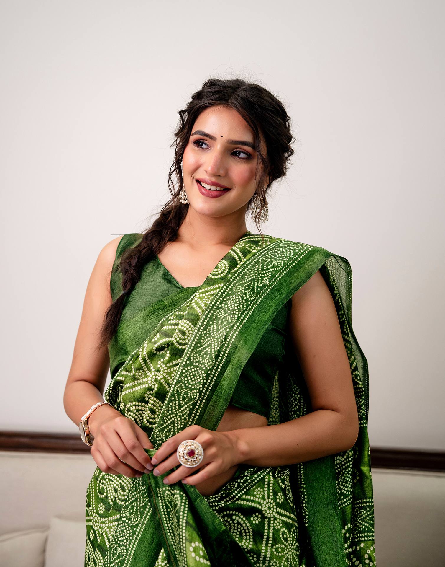 Green Khadi Bandhani Printed Saree 
