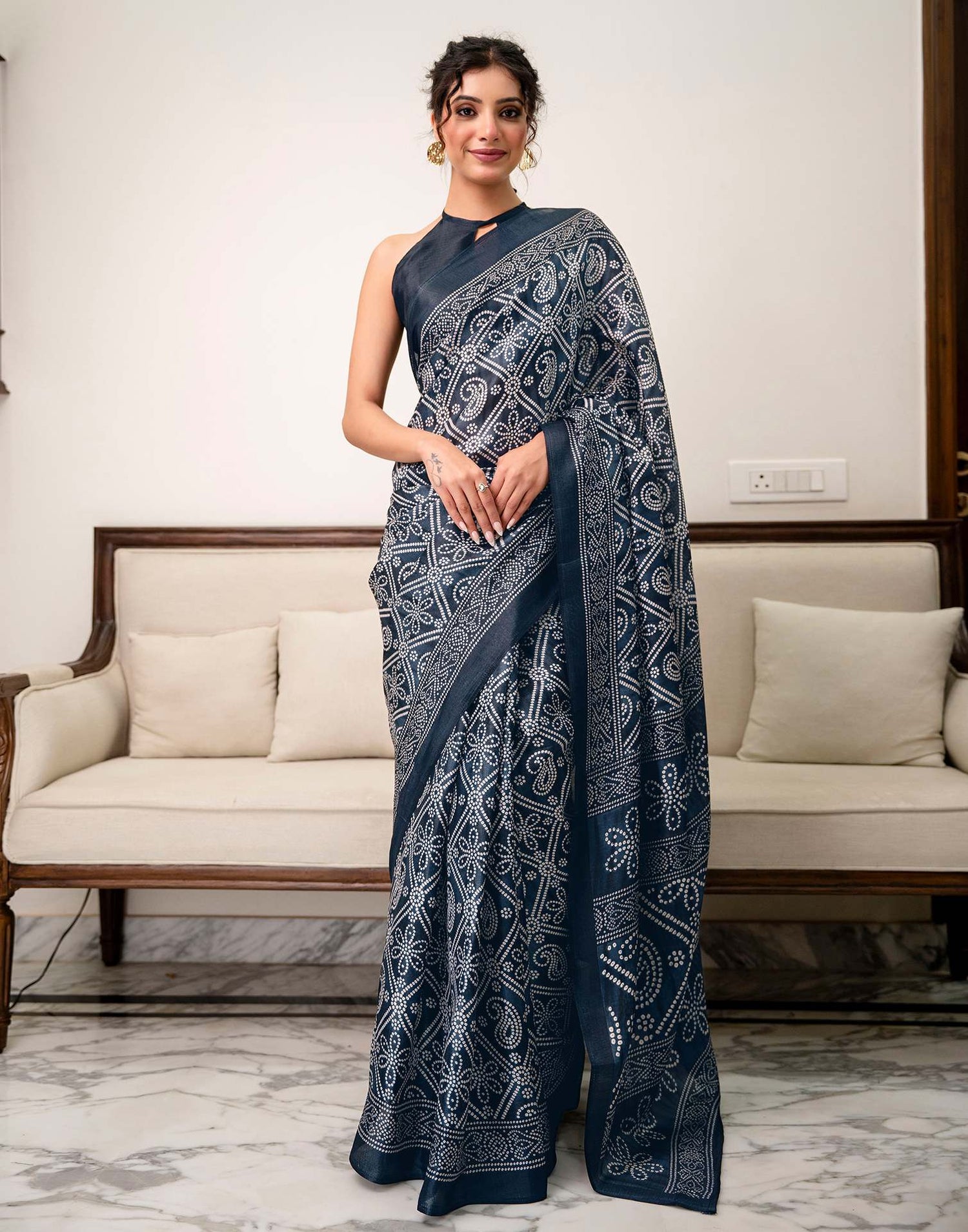 Navy Blue Khadi Bandhani Printed Saree 