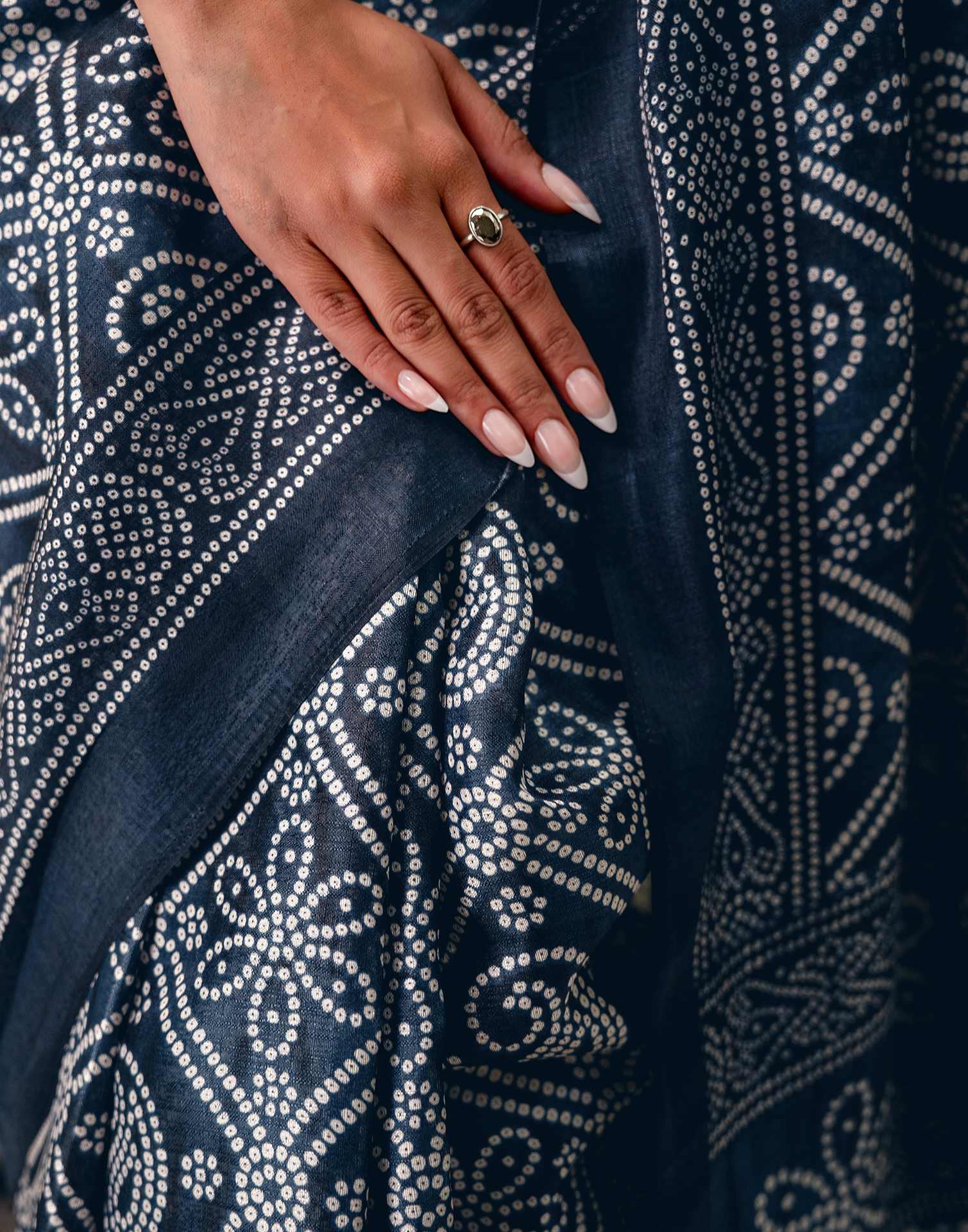 Navy Blue Khadi Bandhani Printed Saree 
