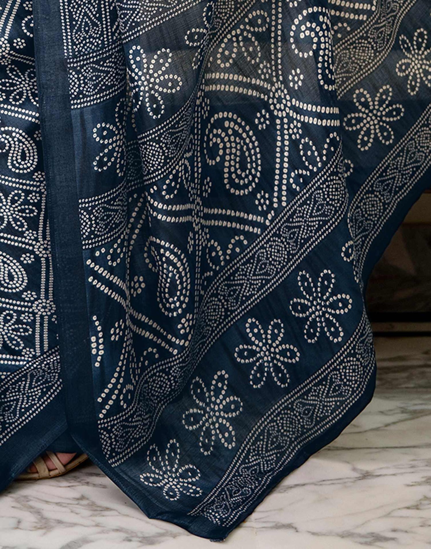 Navy Blue Khadi Bandhani Printed Saree 