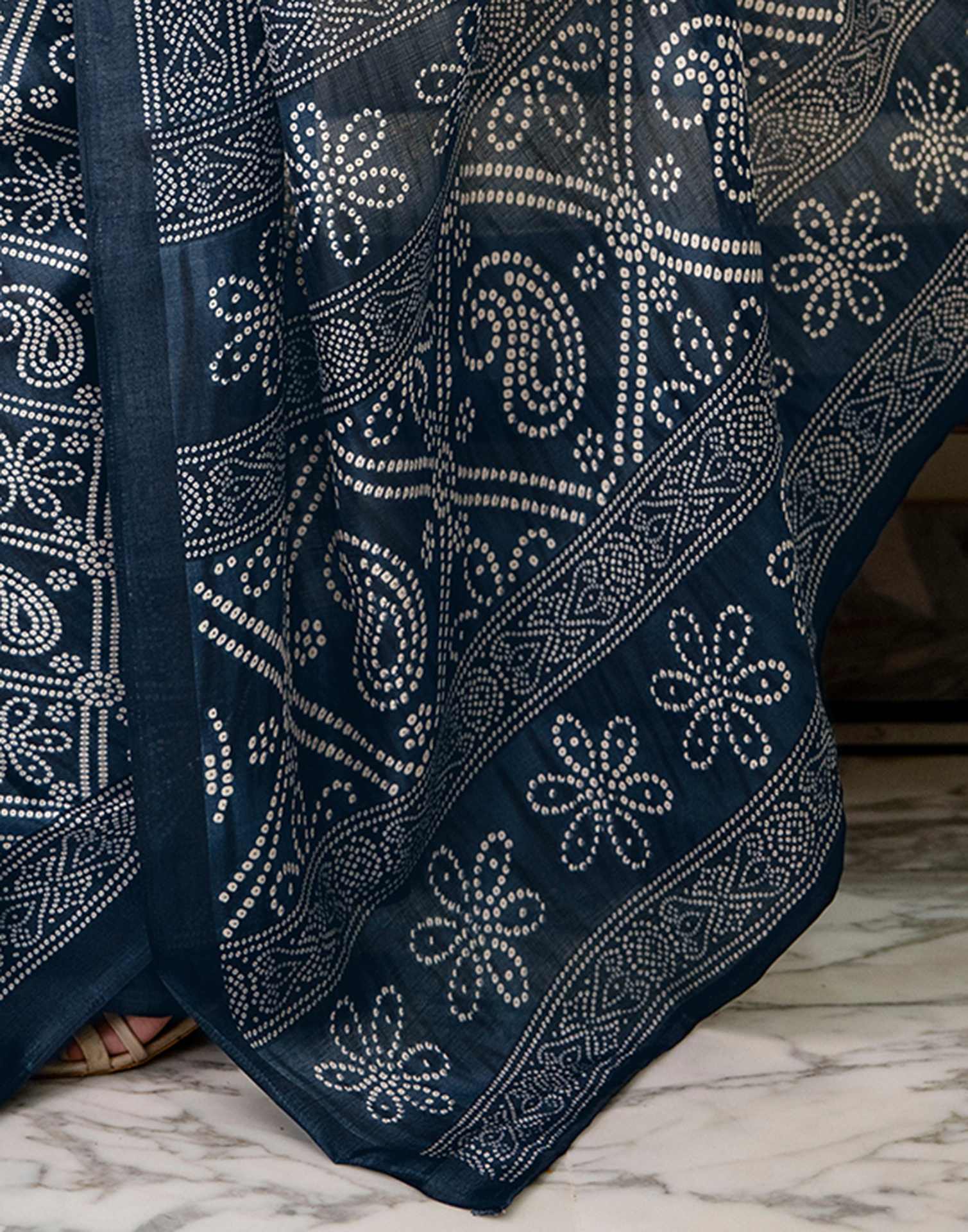 Navy Blue Khadi Bandhani Printed Saree 