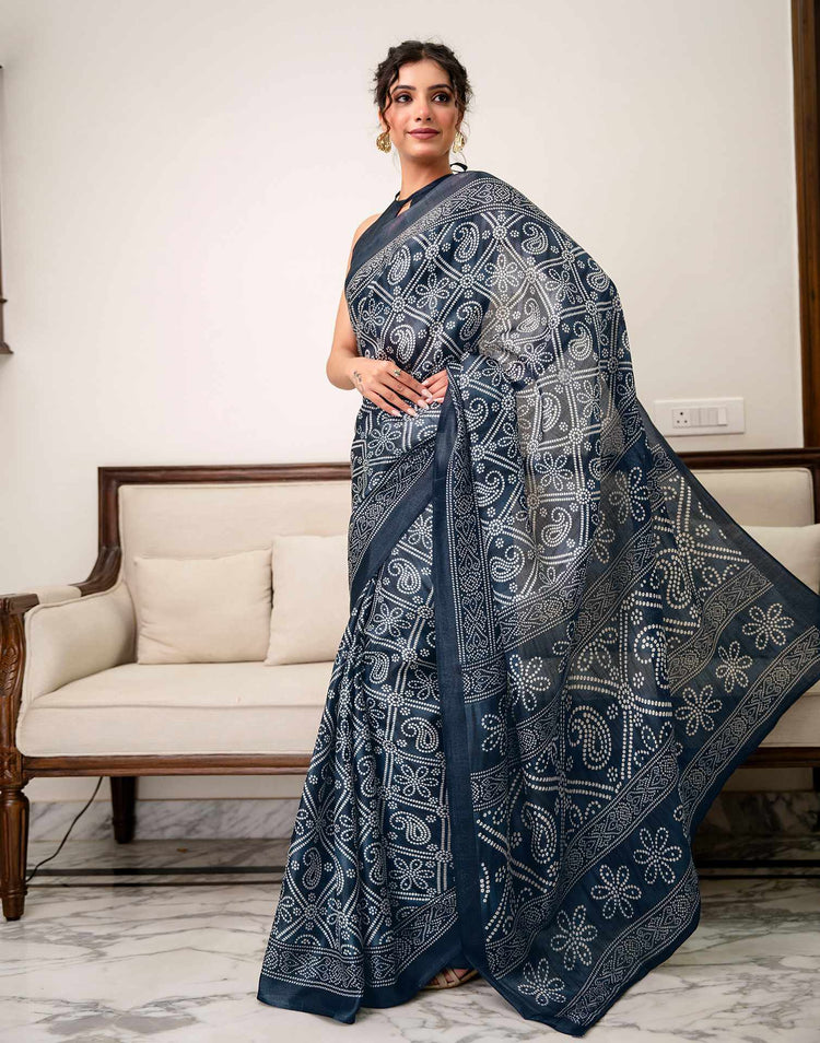 Navy Blue Khadi Bandhani Printed Saree 