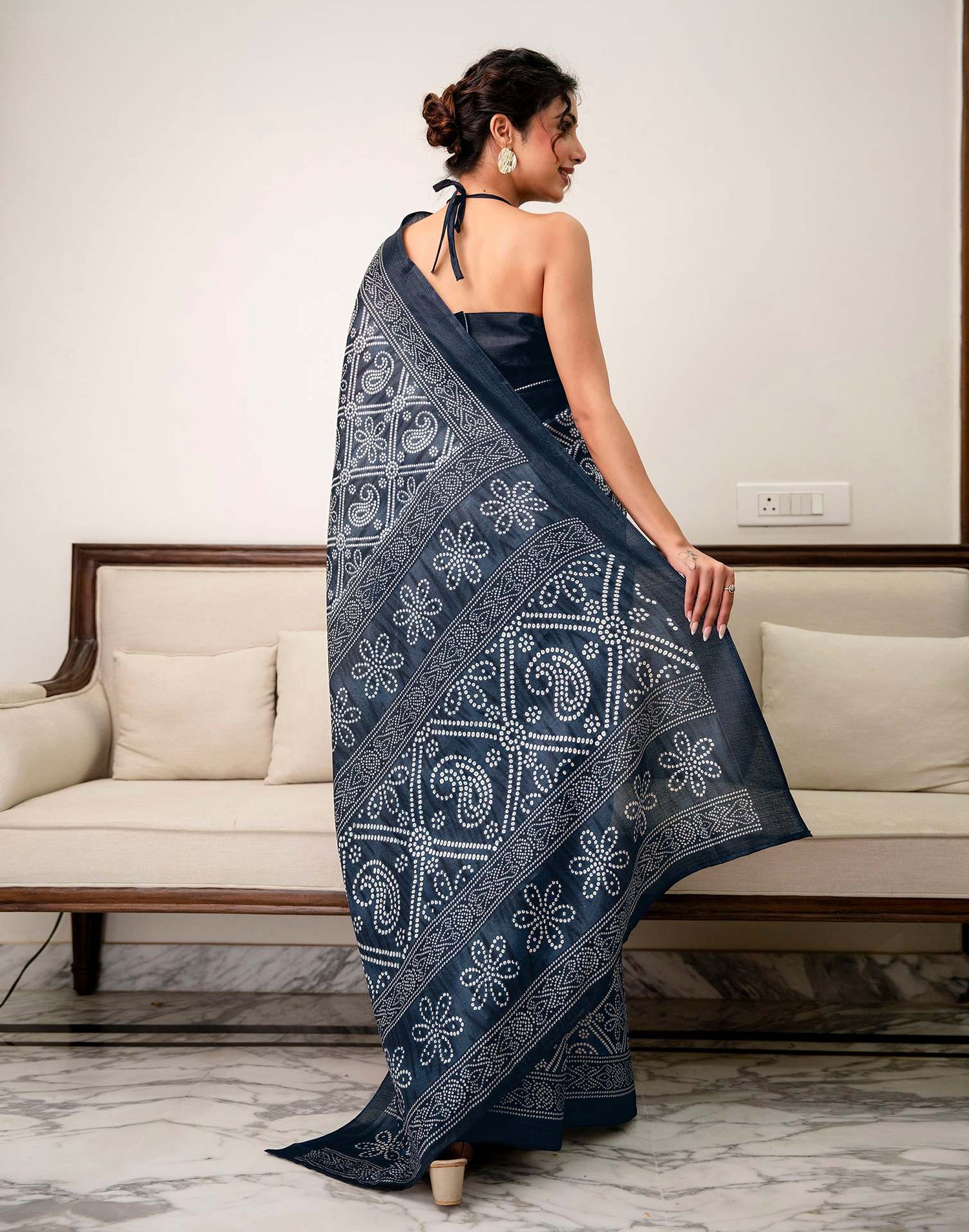 Navy Blue Khadi Bandhani Printed Saree 