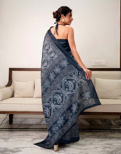 Navy Blue Khadi Bandhani Printed Saree 