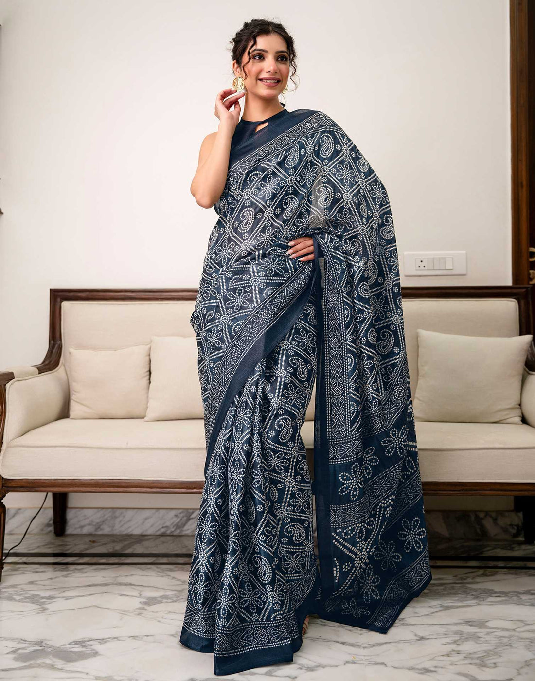 Navy Blue Khadi Bandhani Printed Saree 