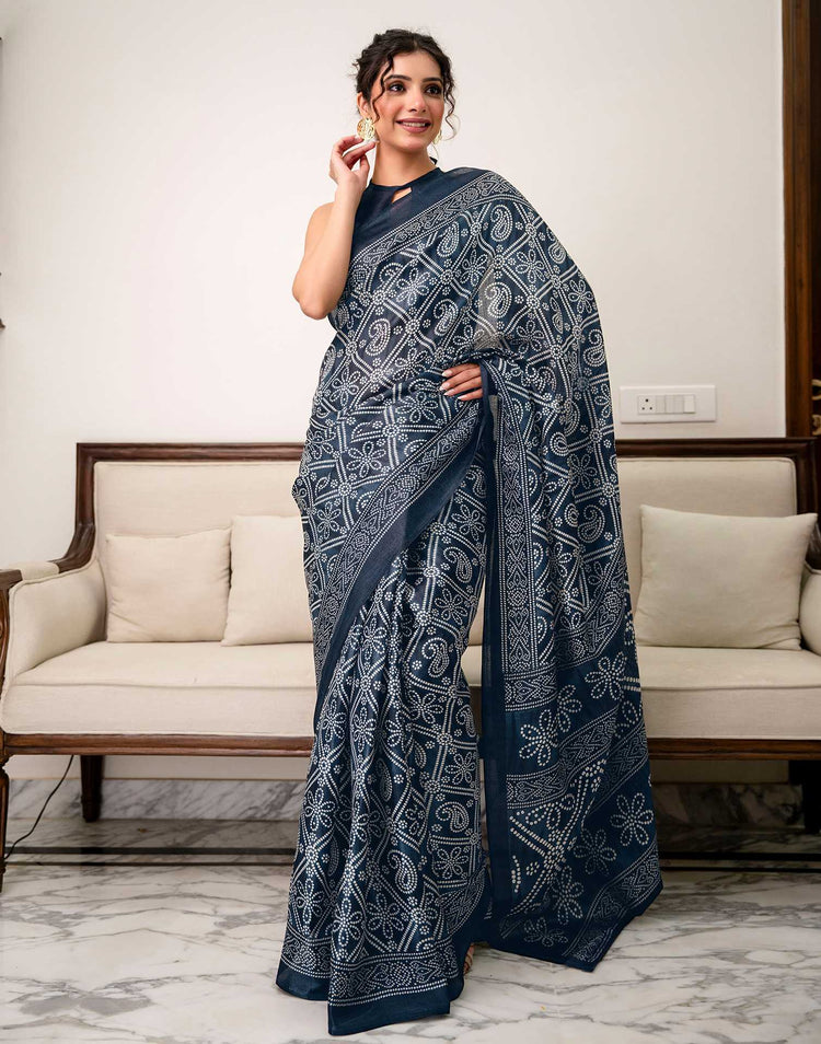 Navy Blue Khadi Bandhani Printed Saree 