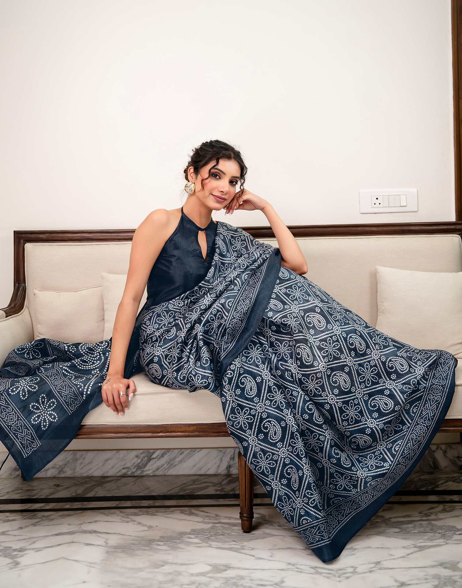 Navy Blue Khadi Bandhani Printed Saree 