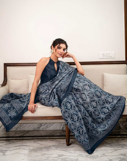 Navy Blue Khadi Bandhani Printed Saree 