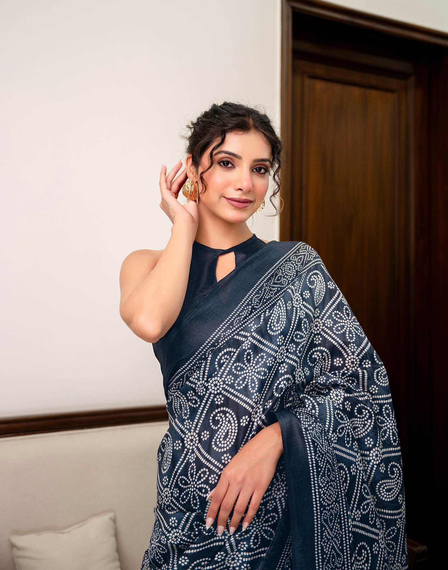 Navy Blue Khadi Bandhani Printed Saree 
