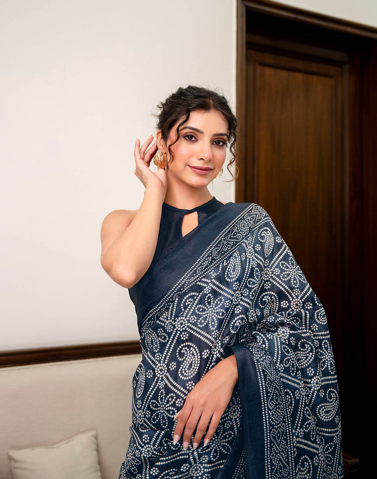 Navy Blue Khadi Bandhani Printed Saree 