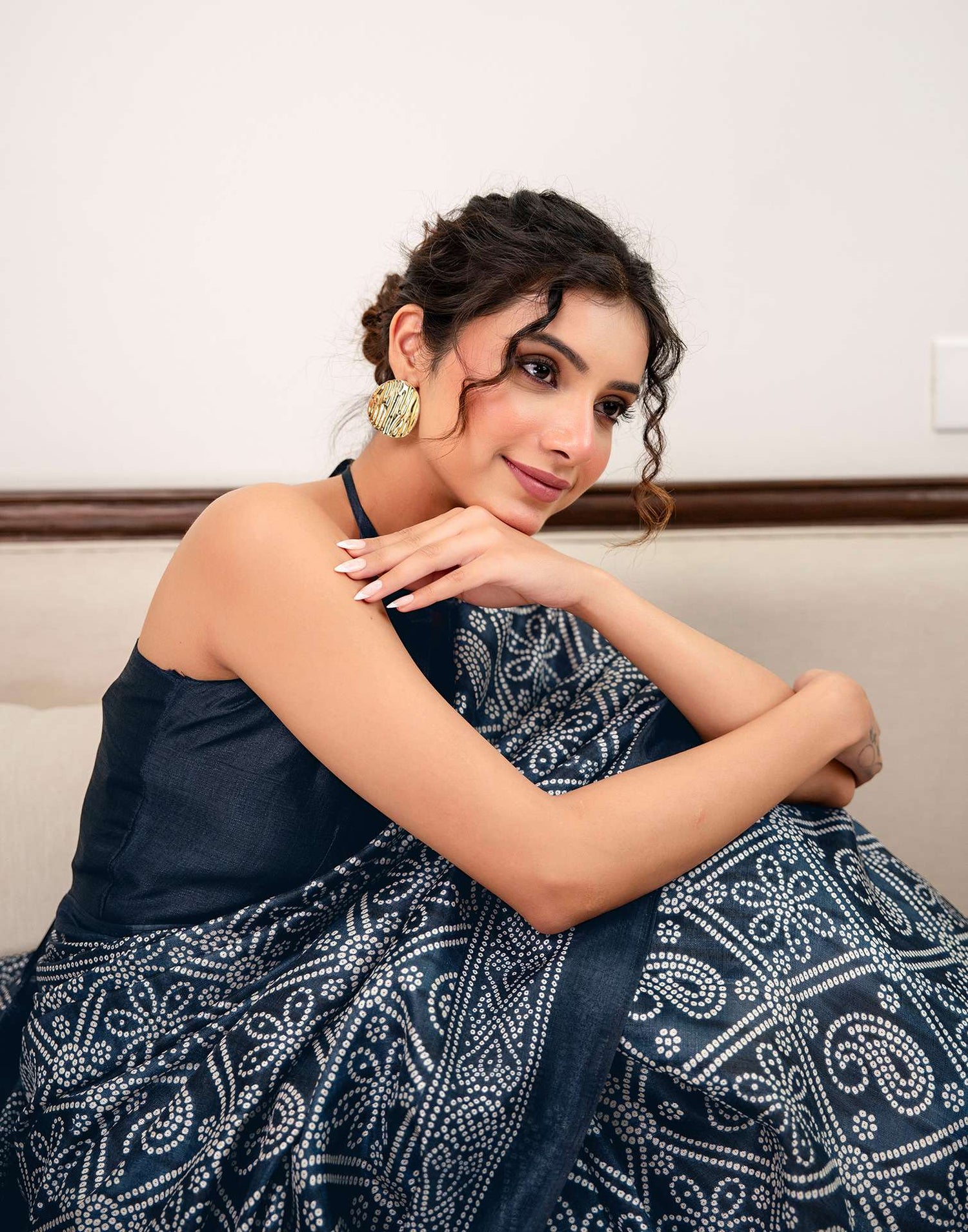Navy Blue Khadi Bandhani Printed Saree 