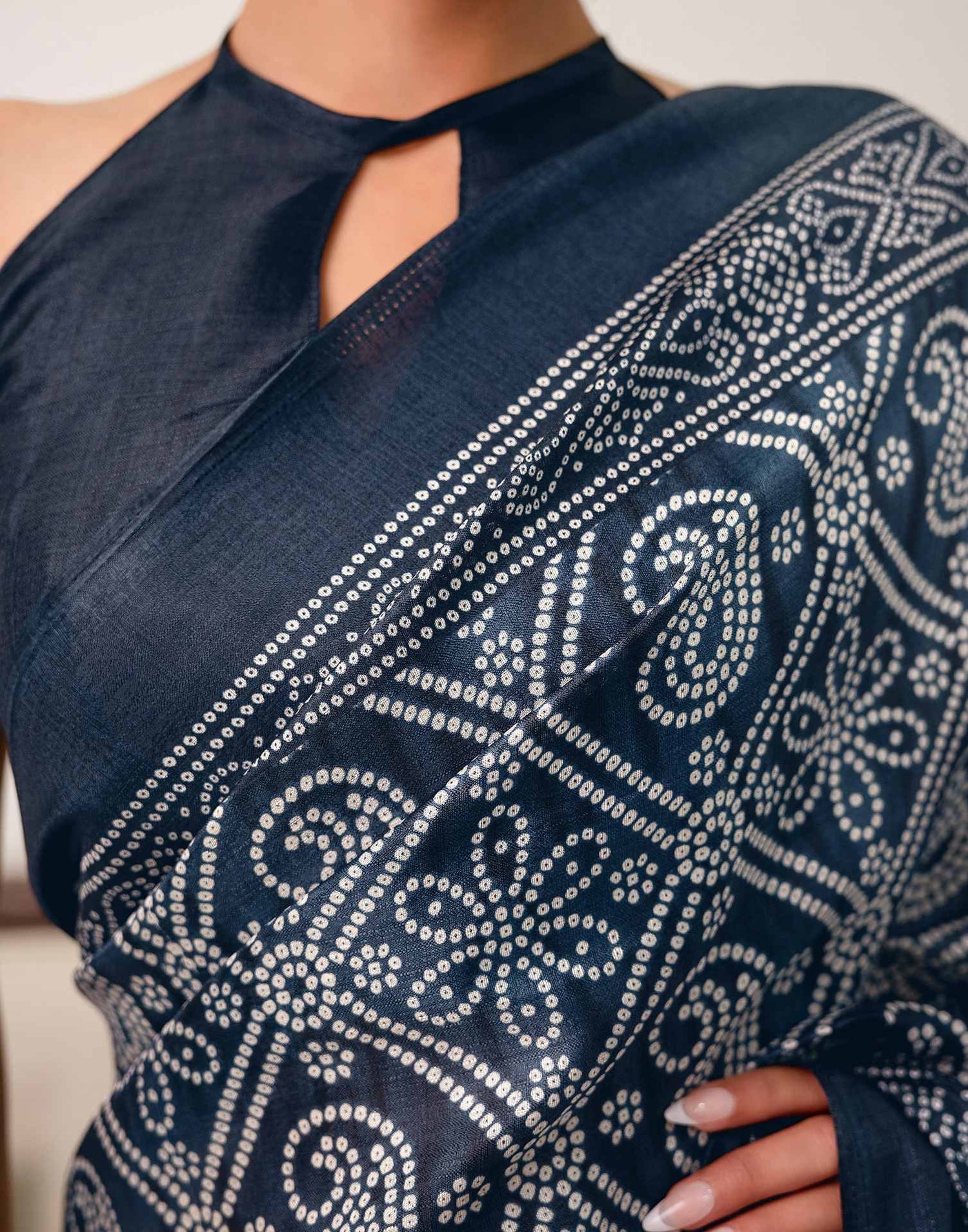 Navy Blue Khadi Bandhani Printed Saree 