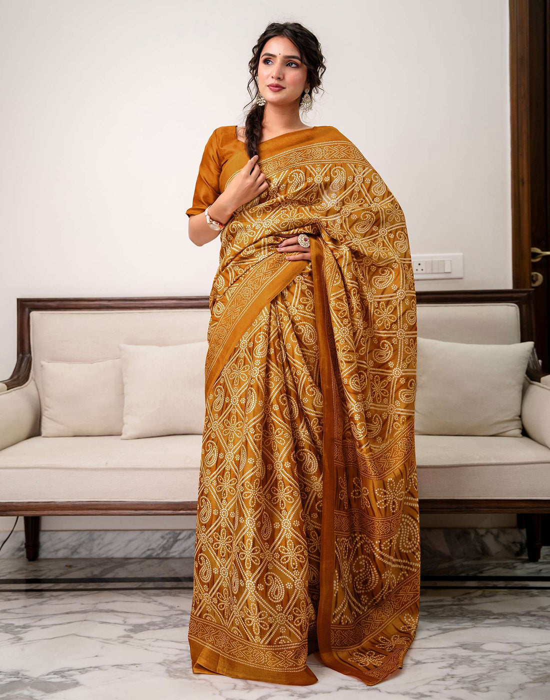 Brown Khadi Bandhani Printed Saree 