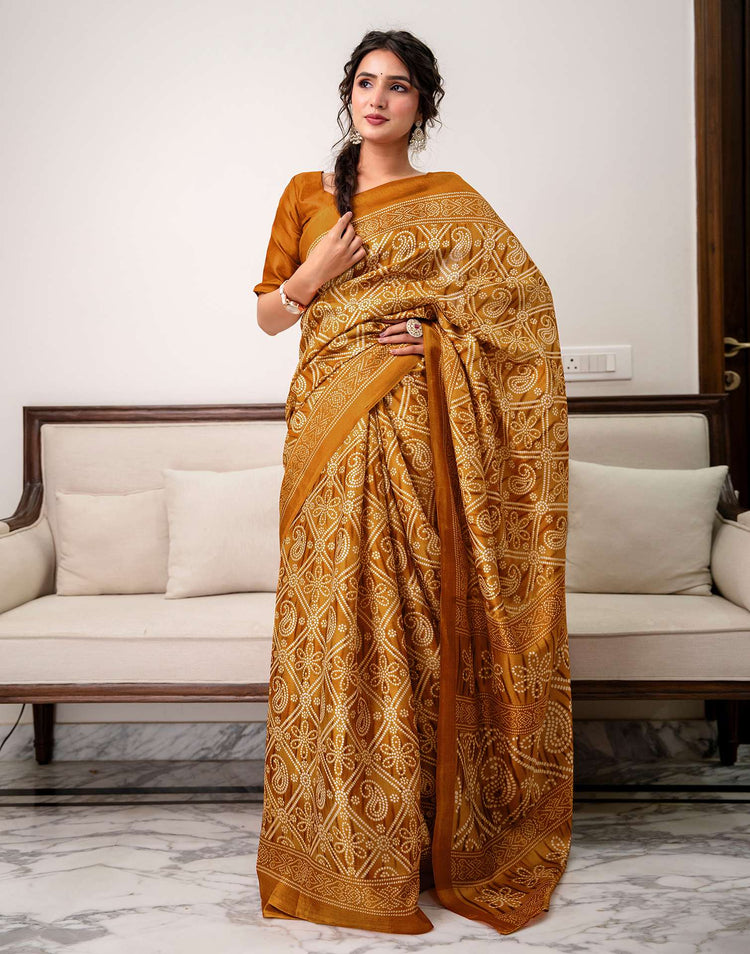 Brown Khadi Bandhani Printed Saree 