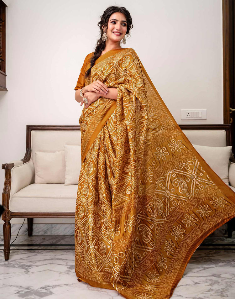 Brown Khadi Bandhani Printed Saree 