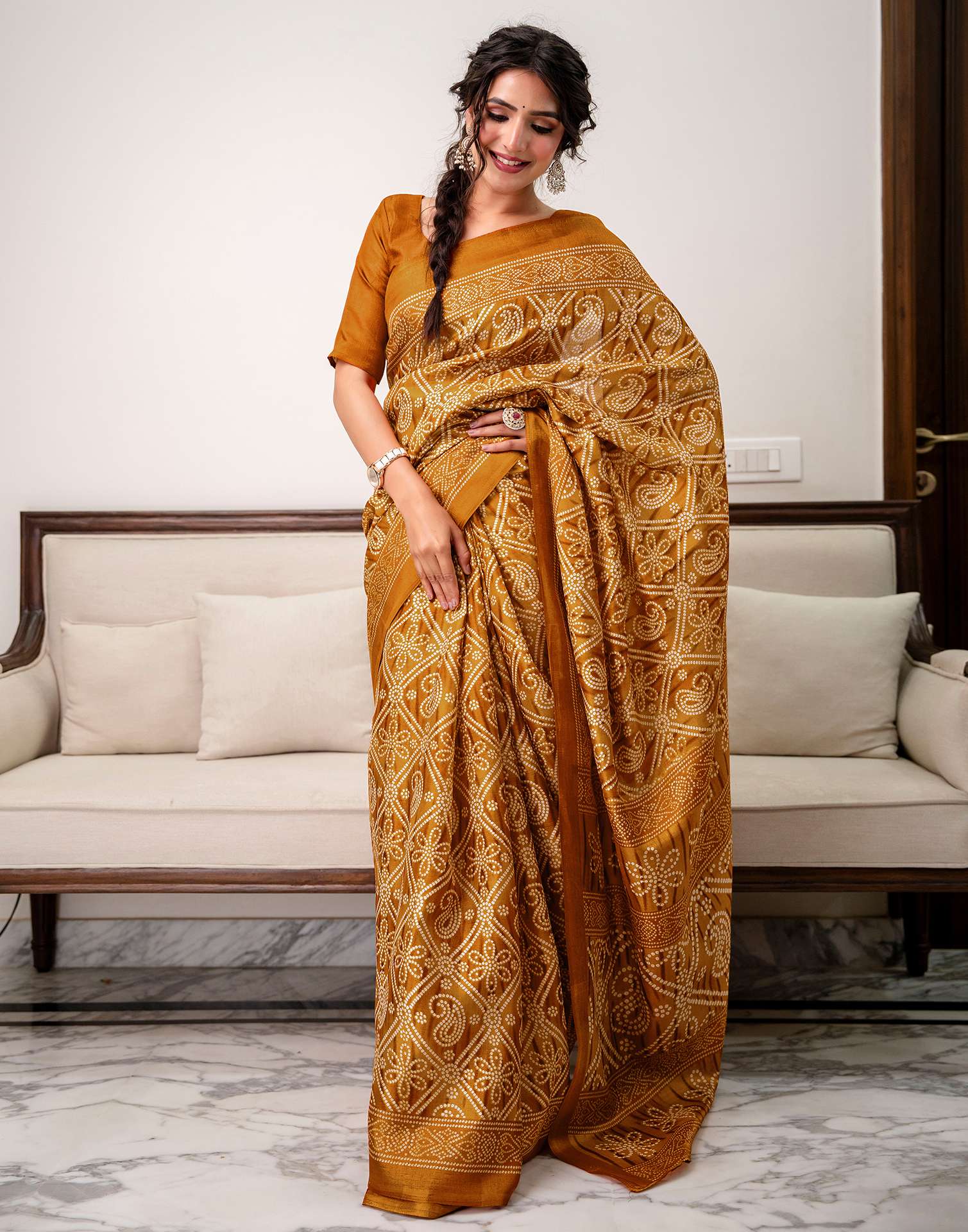 Brown Khadi Bandhani Printed Saree 