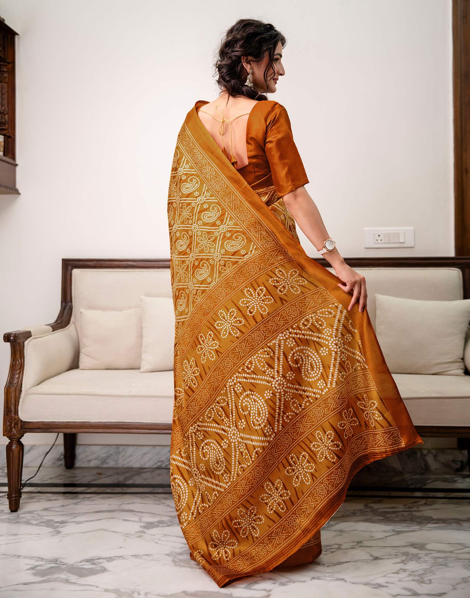 Brown Khadi Bandhani Printed Saree 