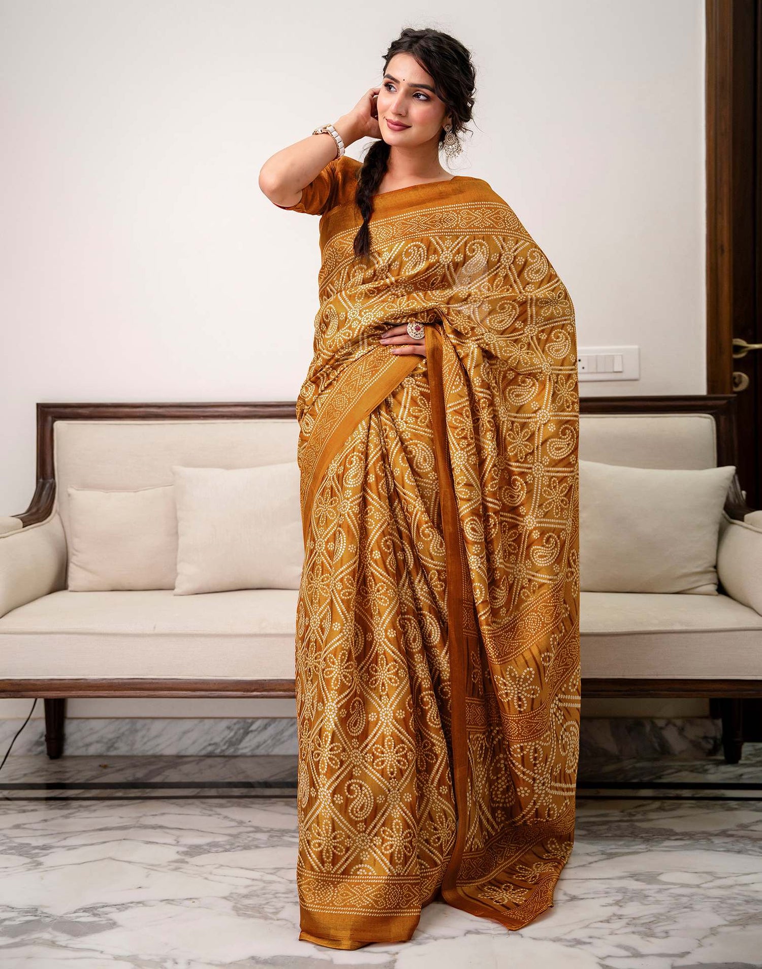 Brown Khadi Bandhani Printed Saree 
