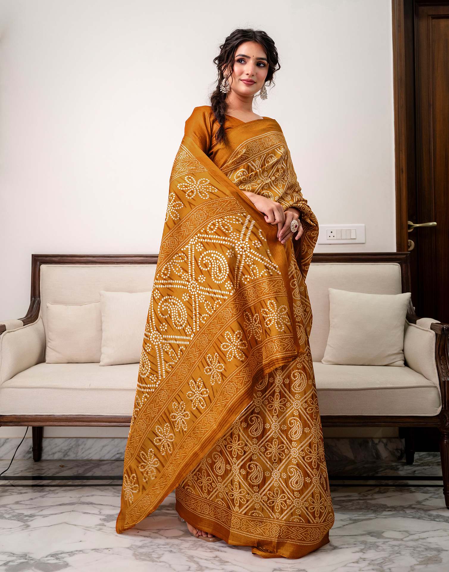 Brown Khadi Bandhani Printed Saree 