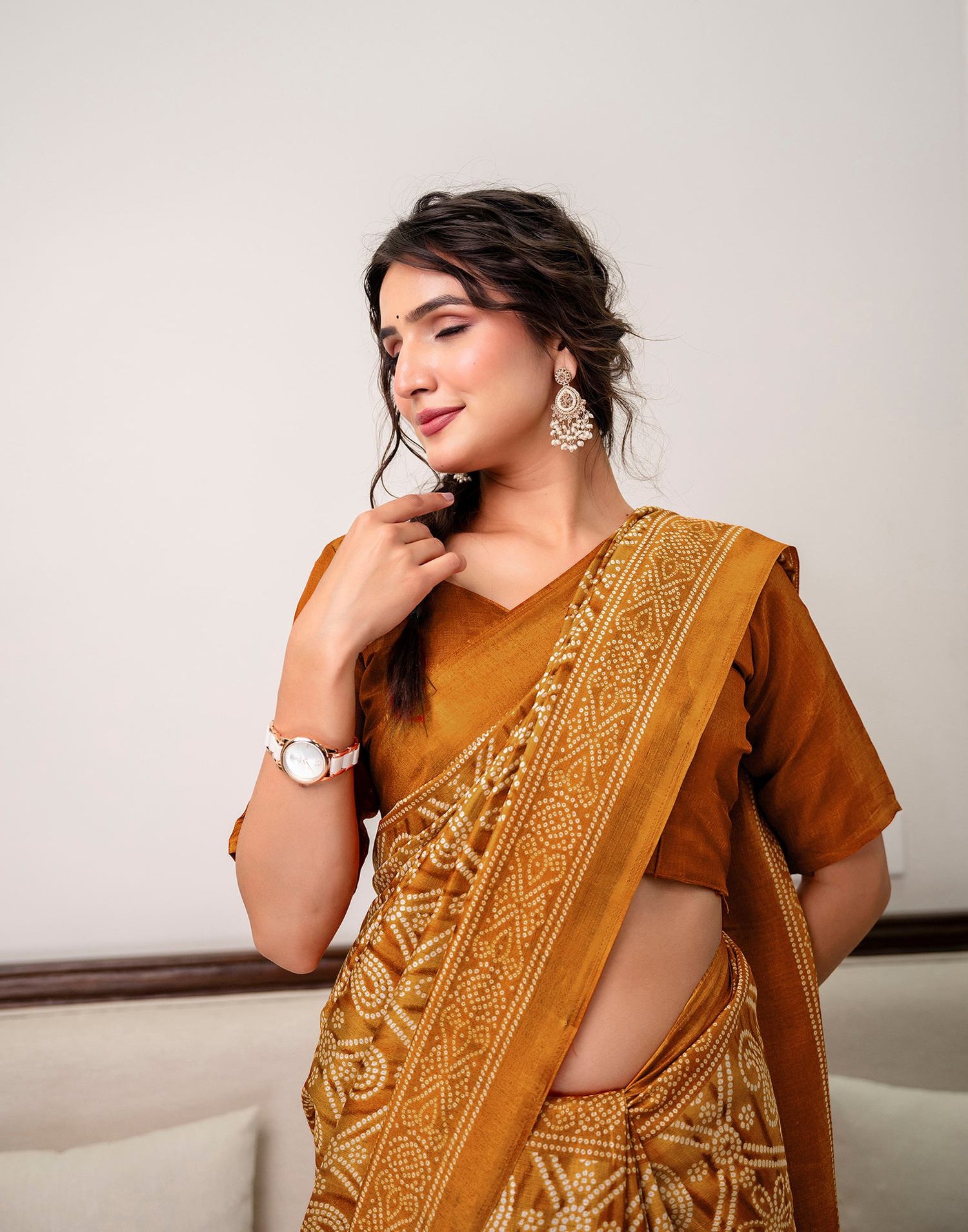 Brown Khadi Bandhani Printed Saree 
