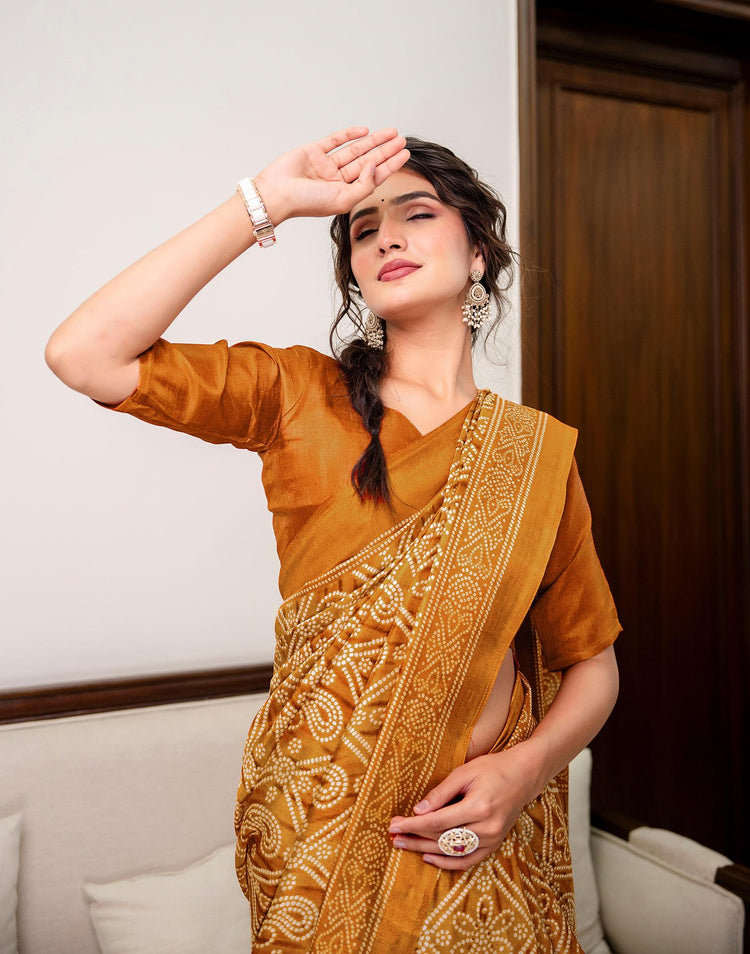 Brown Khadi Bandhani Printed Saree 