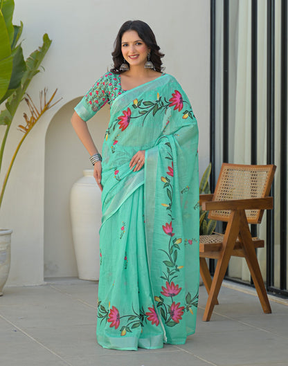 Light Turquoise Linen Floral Printed Saree