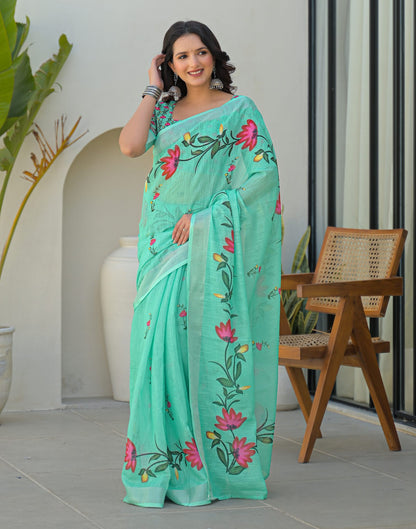 Light Turquoise Linen Floral Printed Saree