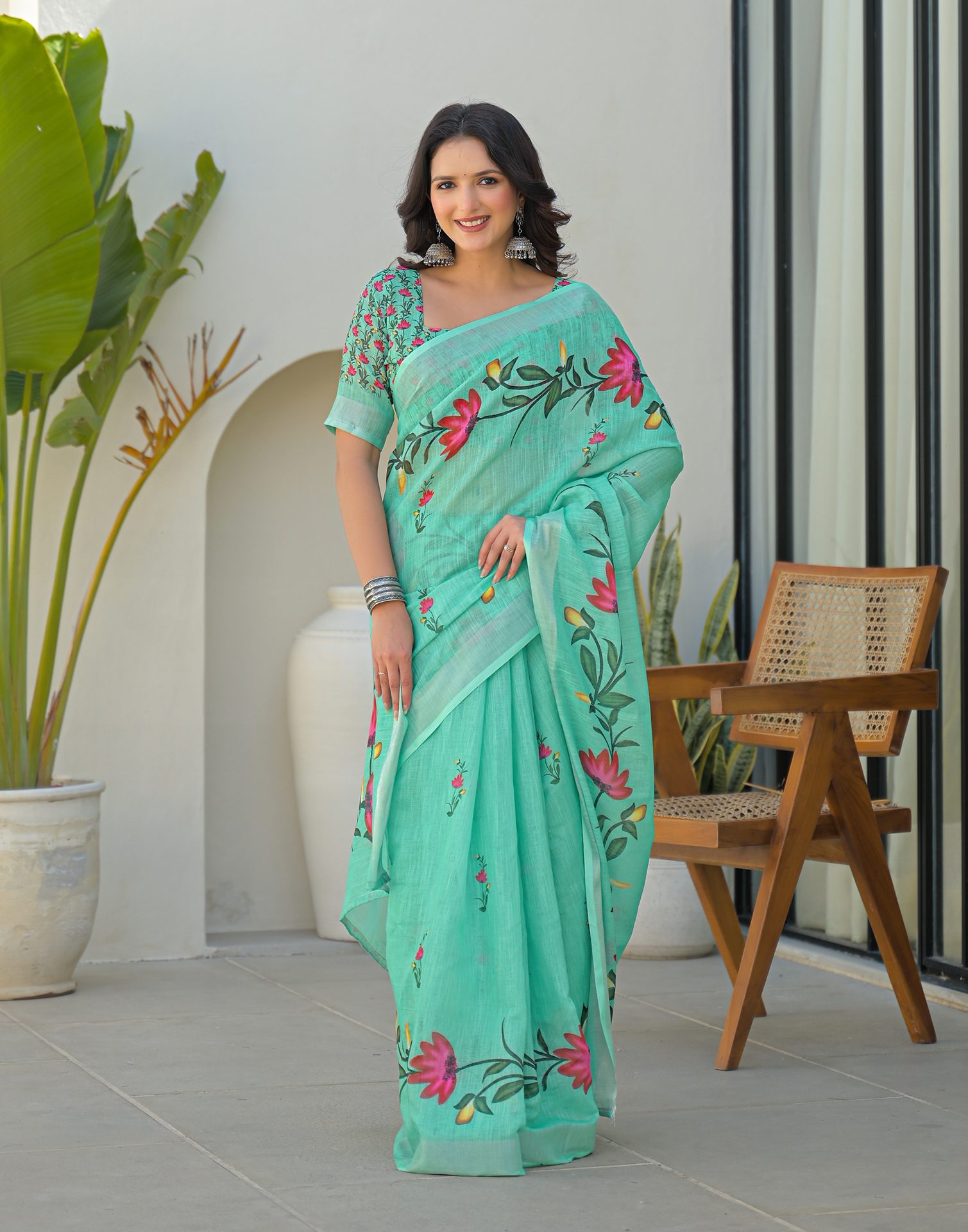 Light Turquoise Linen Floral Printed Saree