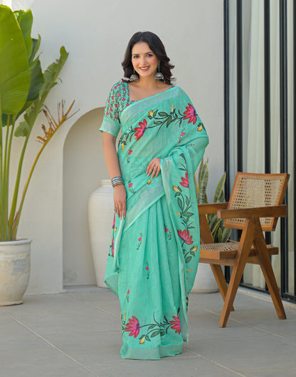 Light Turquoise Linen Floral Printed Saree