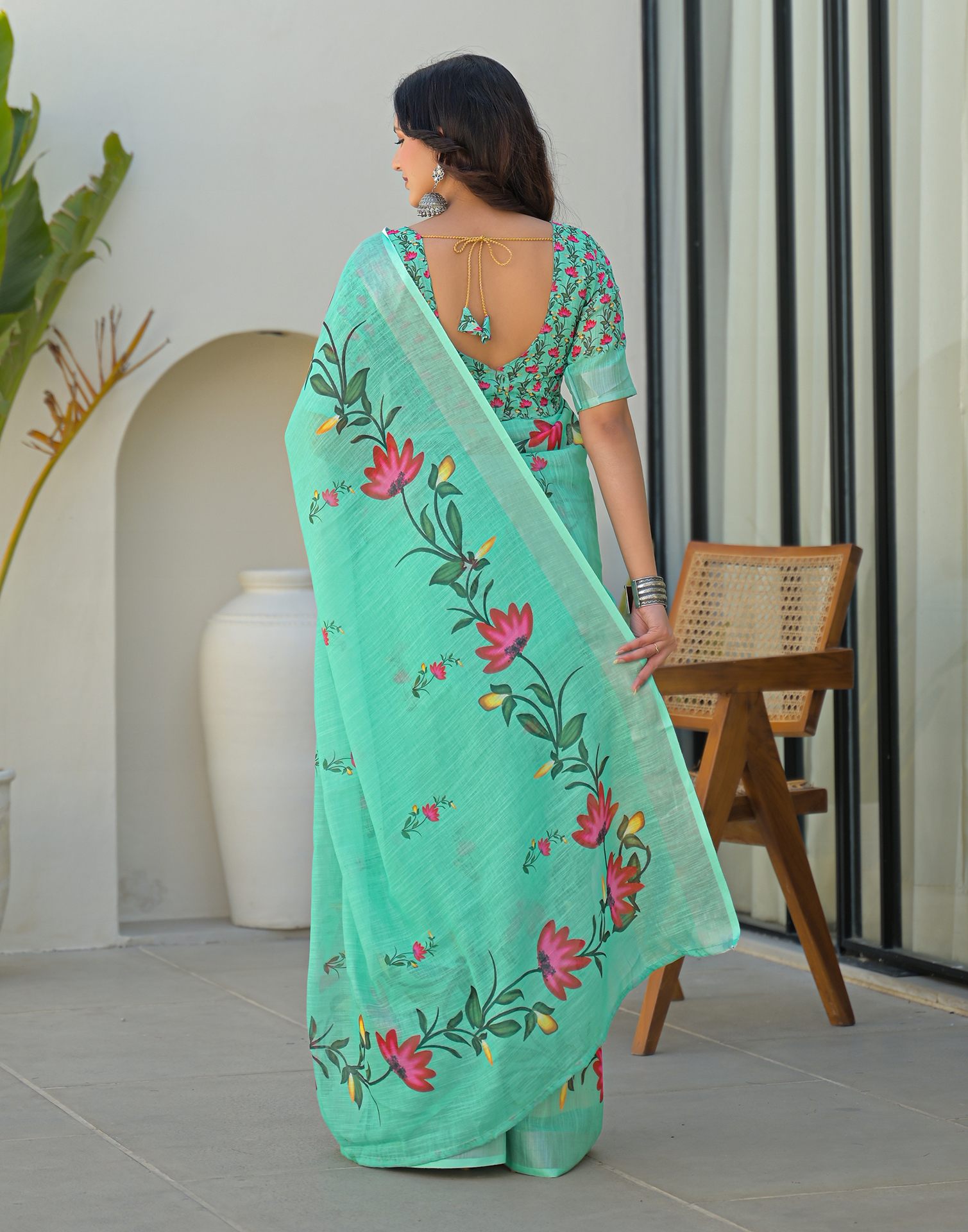 Light Turquoise Linen Floral Printed Saree