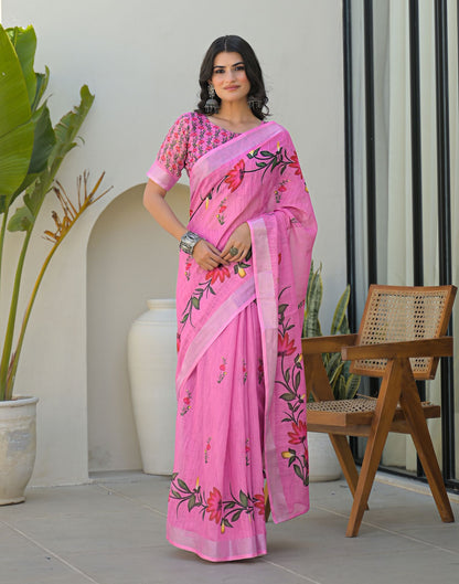 Pink Linen Floral Printed Saree